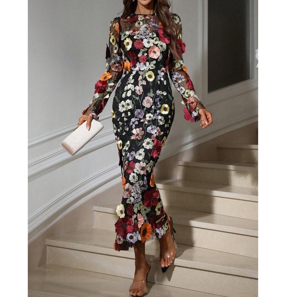 Classic Floral Applique Semi Sheer Fitted Long Sleeve Dress - Picture 1 of 4
